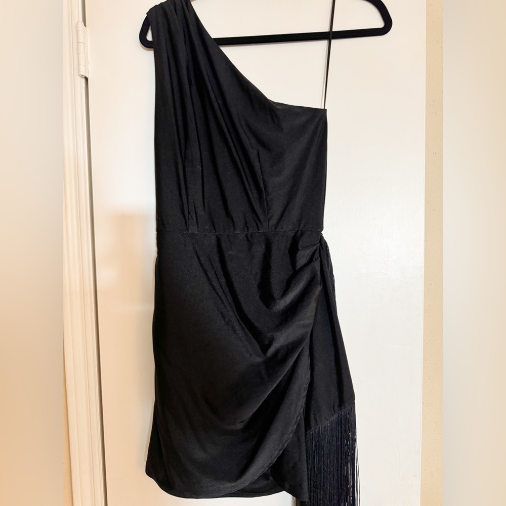 Vici Chic Black One-Shoulder Fringe Dress Size Medium